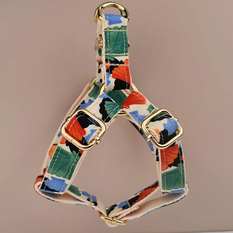 Personalised Dog Collar or Dog Lead Set, Matching Step-In Harness and Removable Bowtie in Ivory and Colorful Shell Prints Pattern
