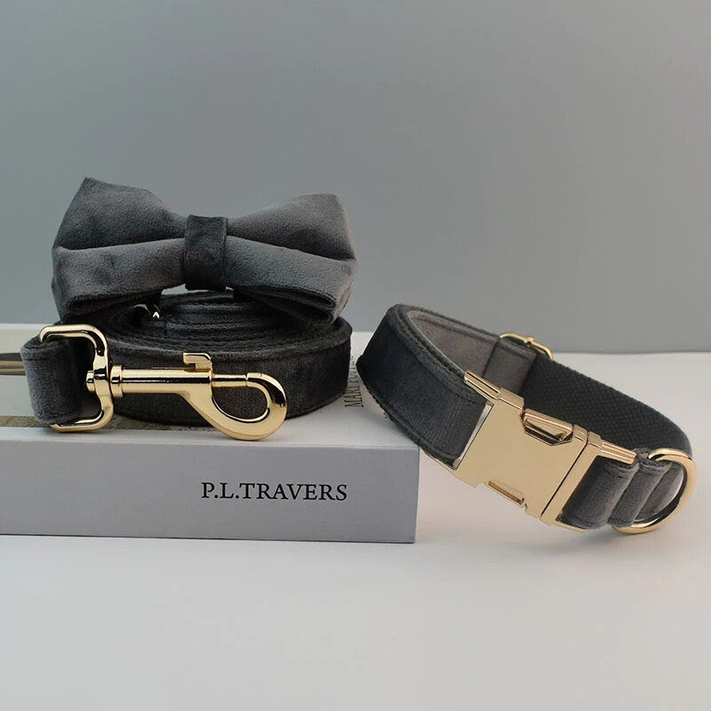 Personalised Dog Collar, Step in Harness, Lead, Bow in Gray Velvet, Customize with Name, Great for Wedding