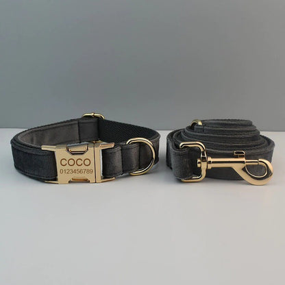 Personalised Dog Collar, Step in Harness, Lead, Bow in Gray Velvet, Customize with Name, Great for Wedding