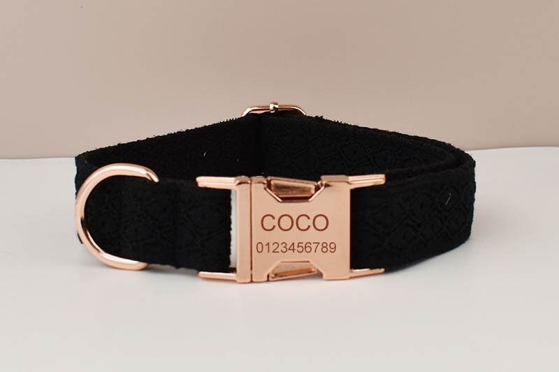 Personalised Black Lace Dog Collar, Leash, and Harness in Black and Lace Pattern, Trendy Style for Wedding and Birthday