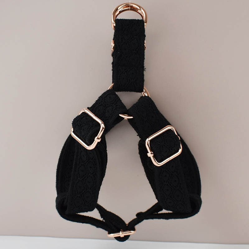 Personalised Black Lace Dog Collar, Leash, and Harness in Black and Lace Pattern, Trendy Style for Wedding and Birthday