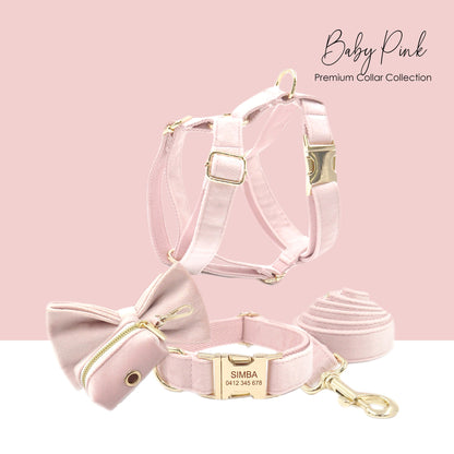 Custom Girl Baby Pink Personalised Dog Collar, Matching Dog Bowtie, Dog Leash, Dog Harness and Dog Poop Bag