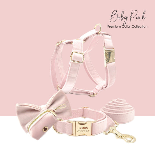 Custom Girl Baby Pink Personalised Dog Collar, Matching Dog Bowtie, Dog Leash, Dog Harness and Dog Poop Bag