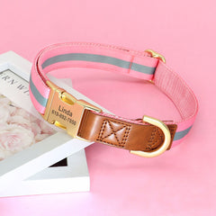 Personalized Dog Collar Leather Nylon in Brown, Pink, Green, Blue, Orange, Deep Blue and Colorful Stripe and Durable Design