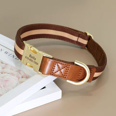 Personalized Dog Collar Leather Nylon in Brown, Pink, Green, Blue, Orange, Deep Blue and Colorful Stripe and Durable Design