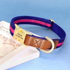 Personalized Dog Collar Leather Nylon in Brown, Pink, Green, Blue, Orange, Deep Blue and Colorful Stripe and Durable Design
