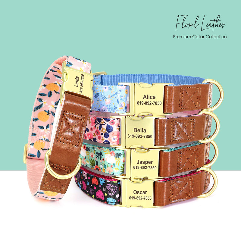 Personalized Leather Dog Collar in Brown and Pink, Green, Blue, Purple, Orange and Heart and Floral Pattern