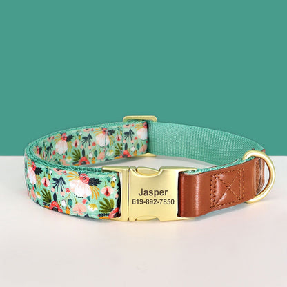 Personalised Leather Dog Collar in Brown and Pink, Green, Blue, Purple, Orange and Heart and Floral Pattern