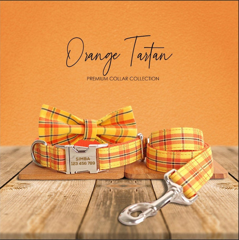 Orange Tartan Gingham Plaid Cotton Nylon Mix Fabric Custom Pet Collar for Boy Girl Cat, Puppy and Dog