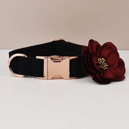 Personalised Black Lace Dog Collar, Leash, and Harness in Black and Lace Pattern, Trendy Style for Wedding and Birthday