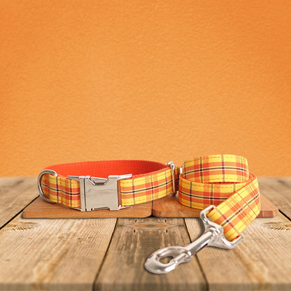 Orange Tartan Gingham Plaid Cotton Nylon Mix Fabric Custom Pet Collar for Boy Girl Cat, Puppy and Dog