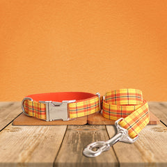 Orange Tartan Gingham Plaid Cotton Nylon Mix Fabric Custom Pet Collar for Boy Girl Cat, Puppy and Dog