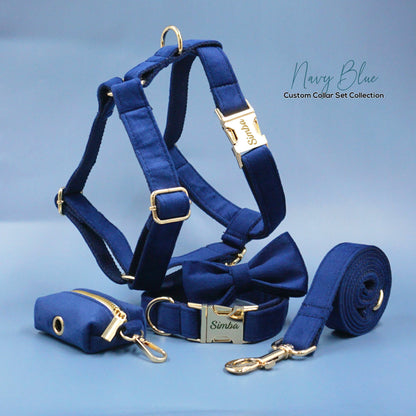 Custom Navy Blue Gold Personalised Dog Collar, Matching Dog Bowtie, Dog Leash, Dog Harness and Dog Poop Bag