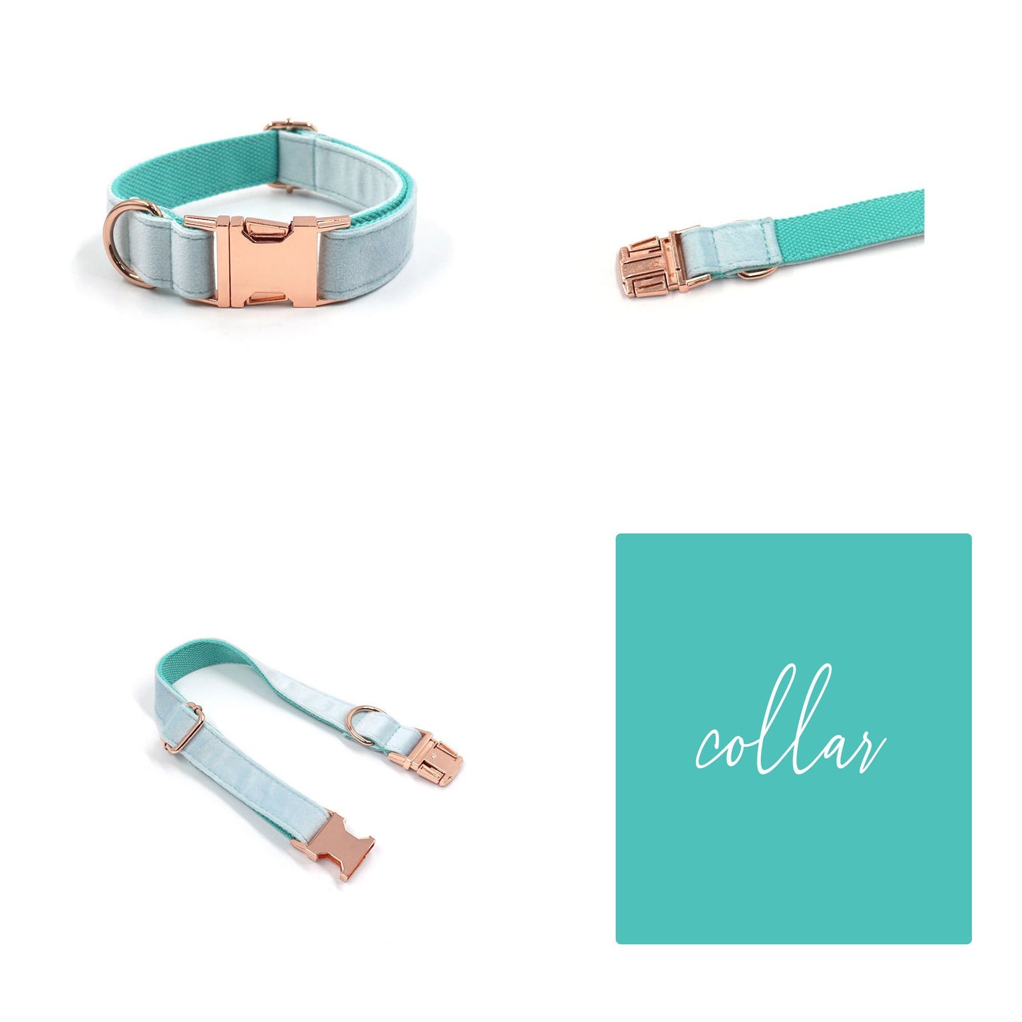 Custom Paled Turquoise Velvet Personalised Dog Collar, Matching Dog Bowtie, Dog Leash, Dog Harness and Dog Poop Bag