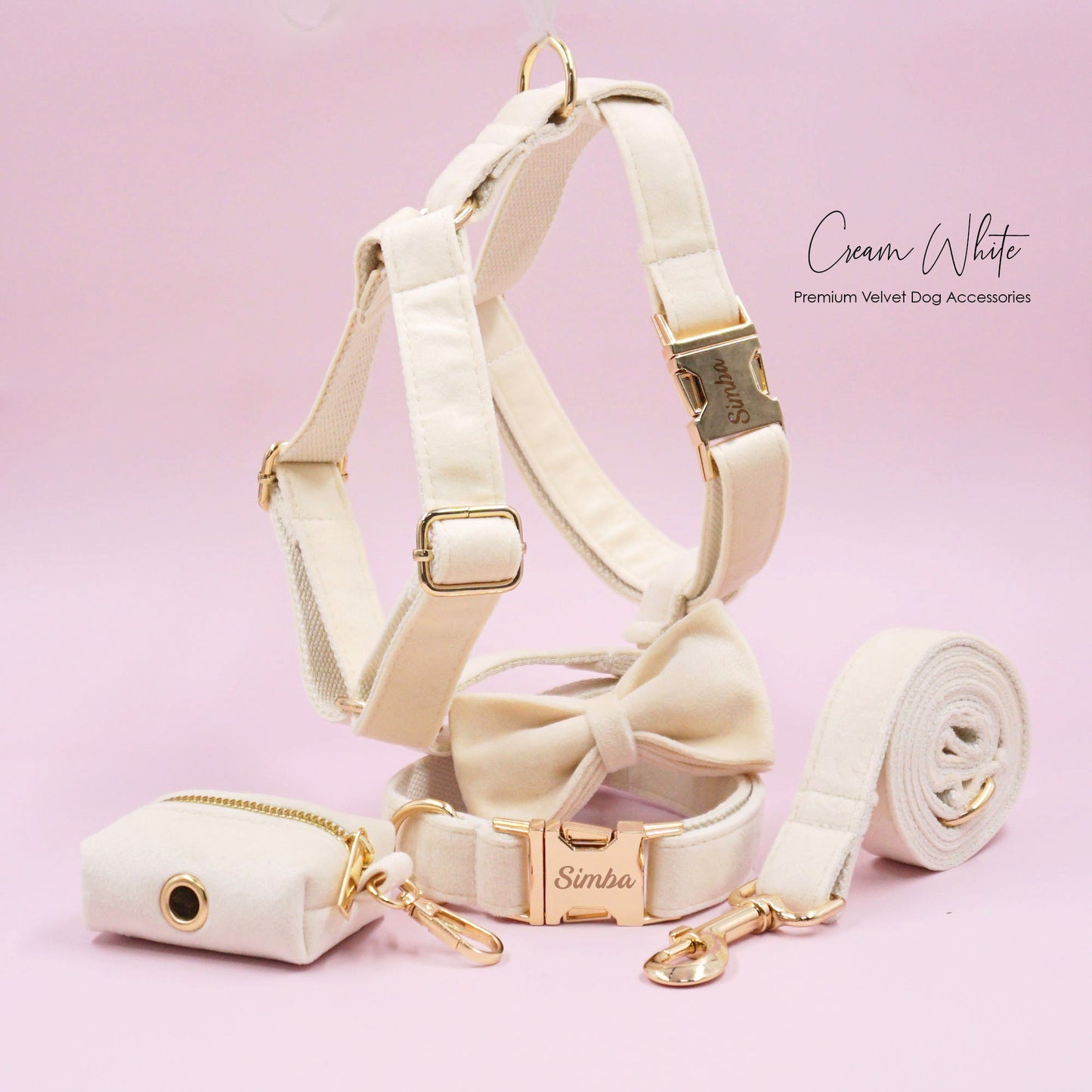 Custom Girl Cream White Personalised Dog Collar, Matching Dog Bowtie, Dog Leash, Dog Harness and Dog Poop Bag