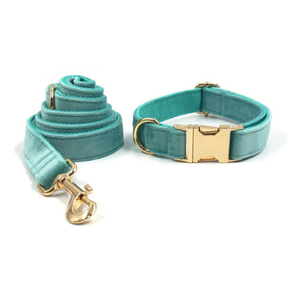 Custom Teal Velvet Personalised Dog Collar, Matching Dog Bowtie, Dog Leash, Dog Harness and Dog Poop Bag