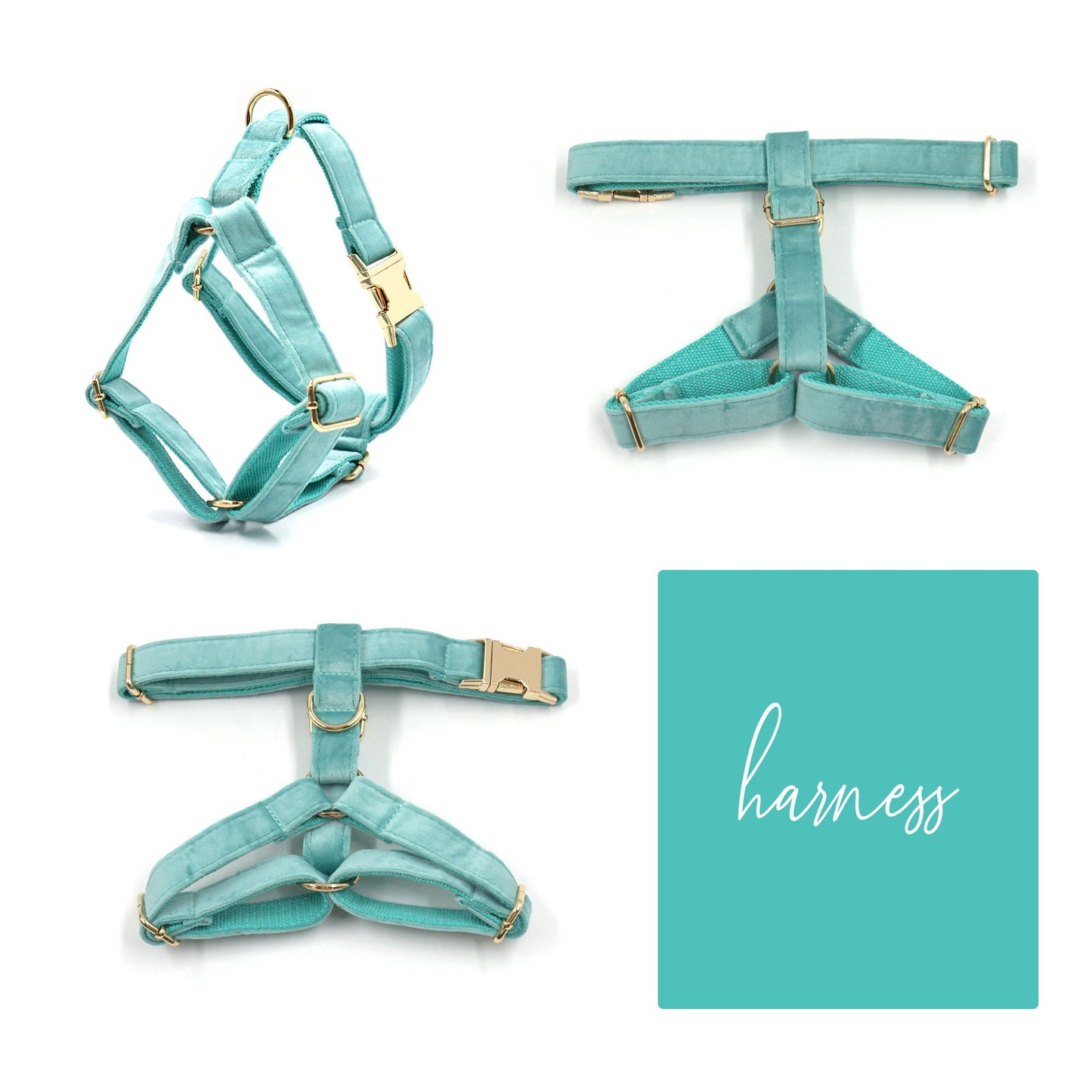 Custom Teal Velvet Personalised Dog Collar, Matching Dog Bowtie, Dog Leash, Dog Harness and Dog Poop Bag