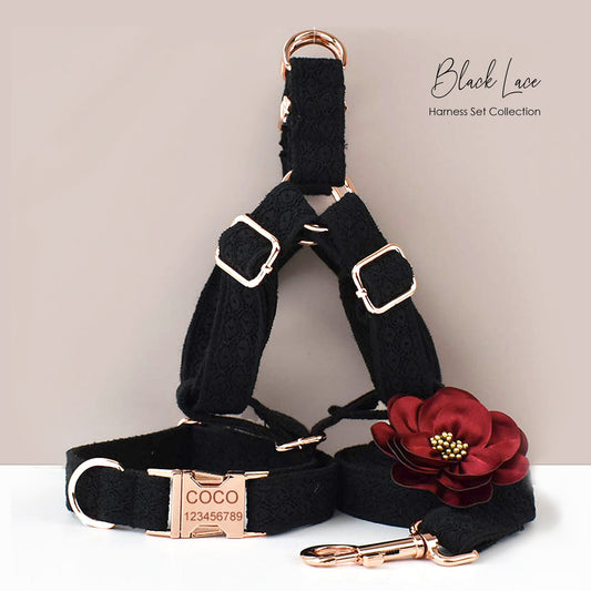 Personalised Black Lace Dog Collar, Leash, and Harness in Black and Lace Pattern, Trendy Style for Wedding and Birthday