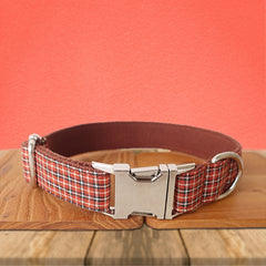 Red Brown Tartan Gingham Plaid Cotton Nylon Mix Fabric Custom Pet Collar for Boy Girl Cat, Puppy and Dog