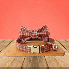 Red Brown Tartan Gingham Plaid Cotton Nylon Mix Fabric Custom Pet Collar for Boy Girl Cat, Puppy and Dog