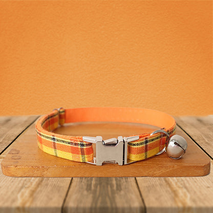 Orange Tartan Gingham Plaid Cotton Nylon Mix Fabric Custom Pet Collar for Boy Girl Cat, Puppy and Dog