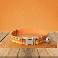 Orange Tartan Gingham Plaid Cotton Nylon Mix Fabric Custom Pet Collar for Boy Girl Cat, Puppy and Dog