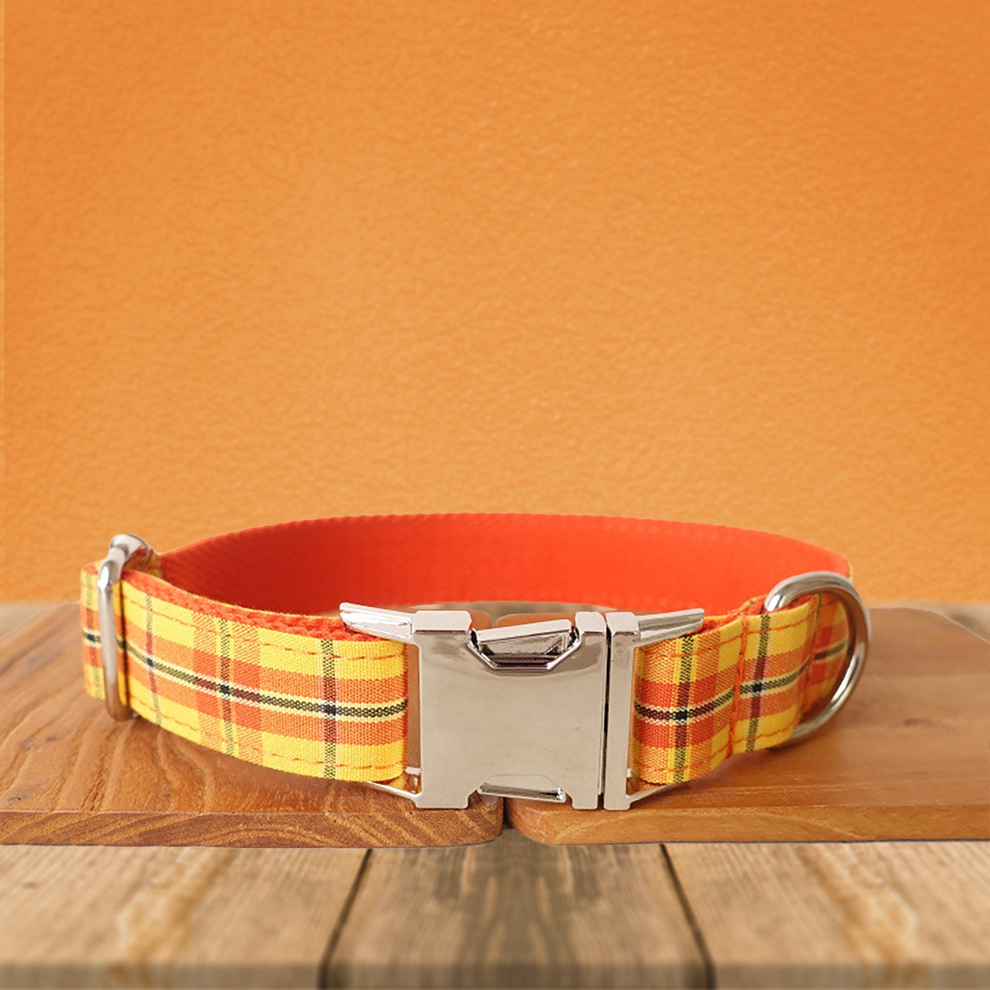Orange Tartan Gingham Plaid Cotton Nylon Mix Fabric Custom Pet Collar for Boy Girl Cat, Puppy and Dog