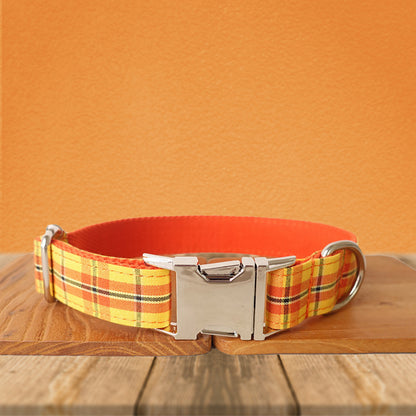 Orange Tartan Gingham Plaid Cotton Nylon Mix Fabric Custom Pet Collar for Boy Girl Cat, Puppy and Dog