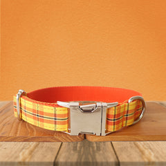 Orange Tartan Gingham Plaid Cotton Nylon Mix Fabric Custom Pet Collar for Boy Girl Cat, Puppy and Dog