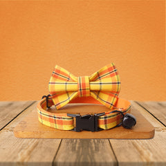 Orange Tartan Gingham Plaid Cotton Nylon Mix Fabric Custom Pet Collar for Boy Girl Cat, Puppy and Dog
