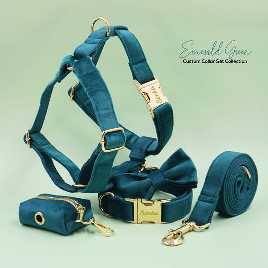Custom Dark Emerald Personalised Dog Collar, Matching Dog Bowtie, Dog Leash, Dog Harness and Dog Poop Bag