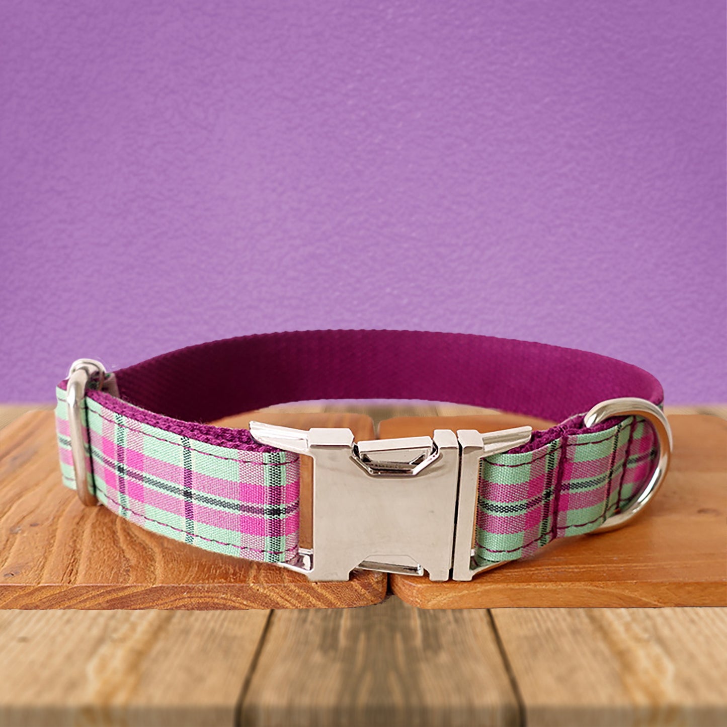 Personalised Dark Purple Tartan Gingham Plaid Cotton Nylon Mix Fabric Custom Pet Collar for Boy Girl Cat, Puppy and Dog