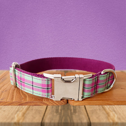 Personalised Dark Purple Tartan Gingham Plaid Cotton Nylon Mix Fabric Custom Pet Collar for Boy Girl Cat, Puppy and Dog