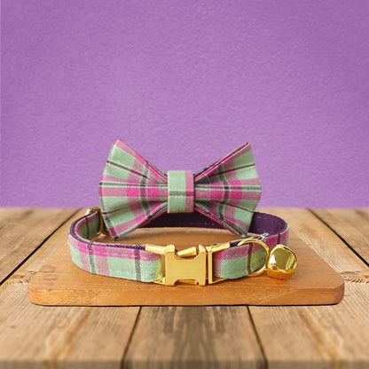 Personalised Dark Purple Tartan Gingham Plaid Cotton Nylon Mix Fabric Custom Pet Collar for Boy Girl Cat, Puppy and Dog