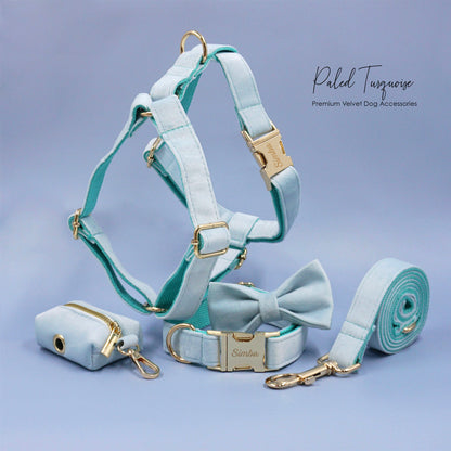 Custom Paled Turquoise Velvet Personalised Dog Collar, Matching Dog Bowtie, Dog Leash, Dog Harness and Dog Poop Bag