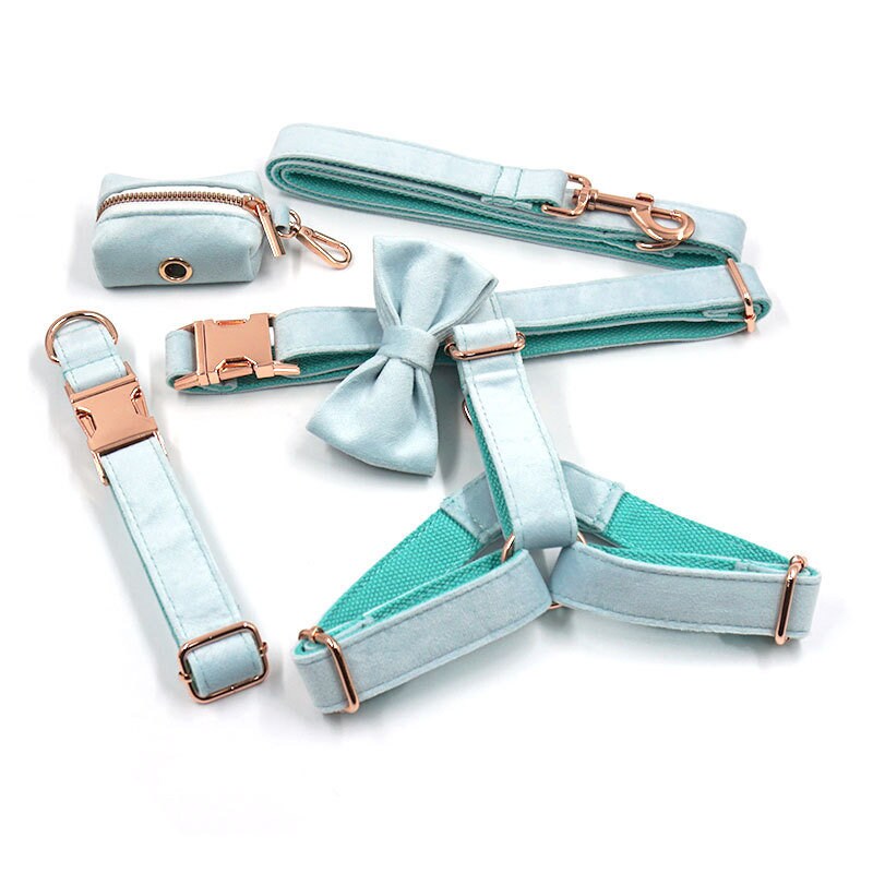 Custom Paled Turquoise Velvet Personalised Dog Collar, Matching Dog Bowtie, Dog Leash, Dog Harness and Dog Poop Bag