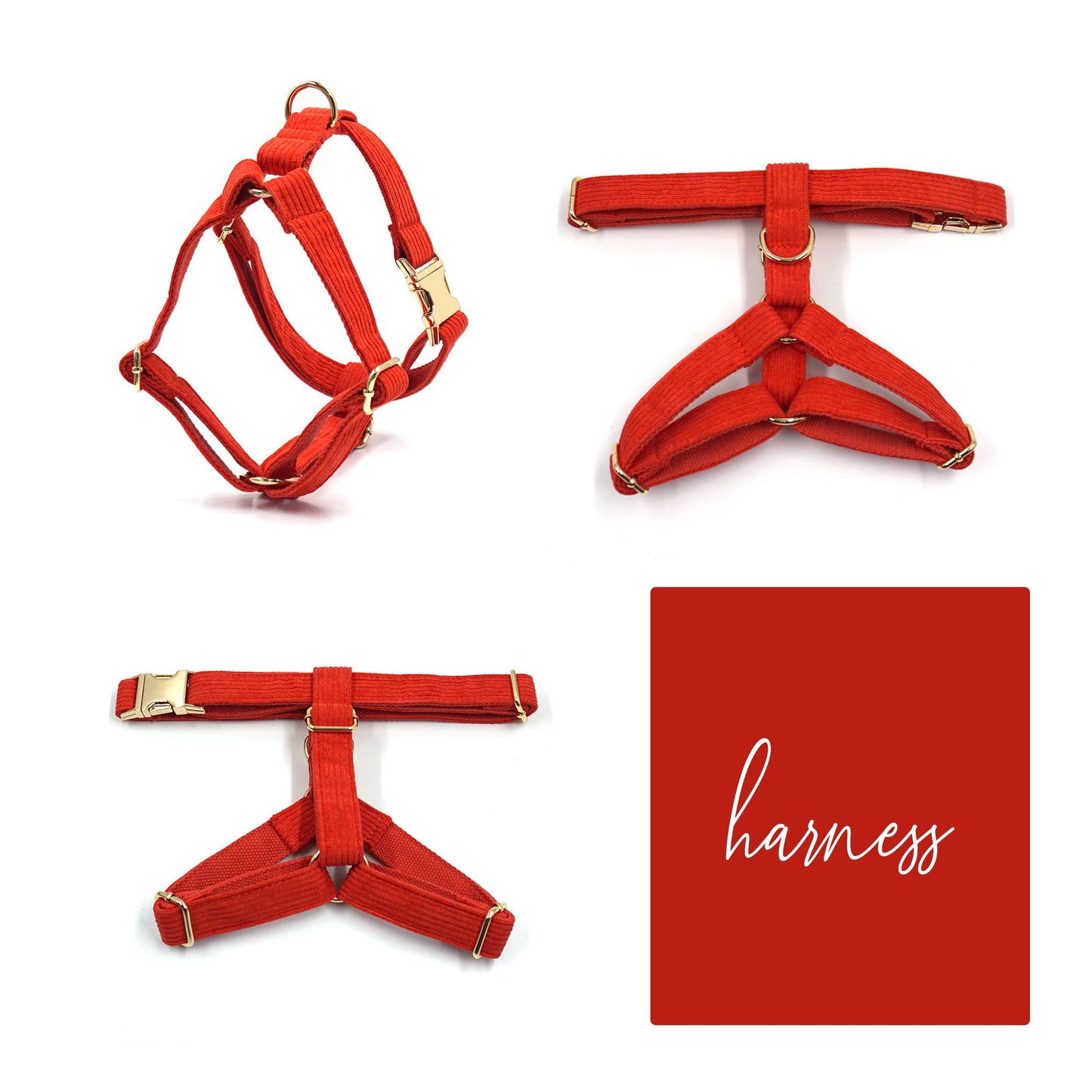 Personalised Dog Harness, Custom Red Corduroy Dog Collar, Dog Bowtie, Dog Leash, Dog Harness and Dog Poop Bag Holder