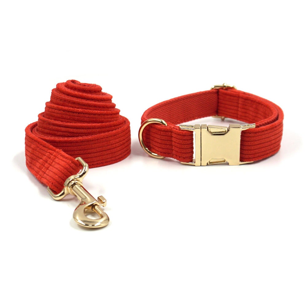 Personalised Dog Harness, Custom Red Corduroy Dog Collar, Dog Bowtie, Dog Leash, Dog Harness and Dog Poop Bag Holder