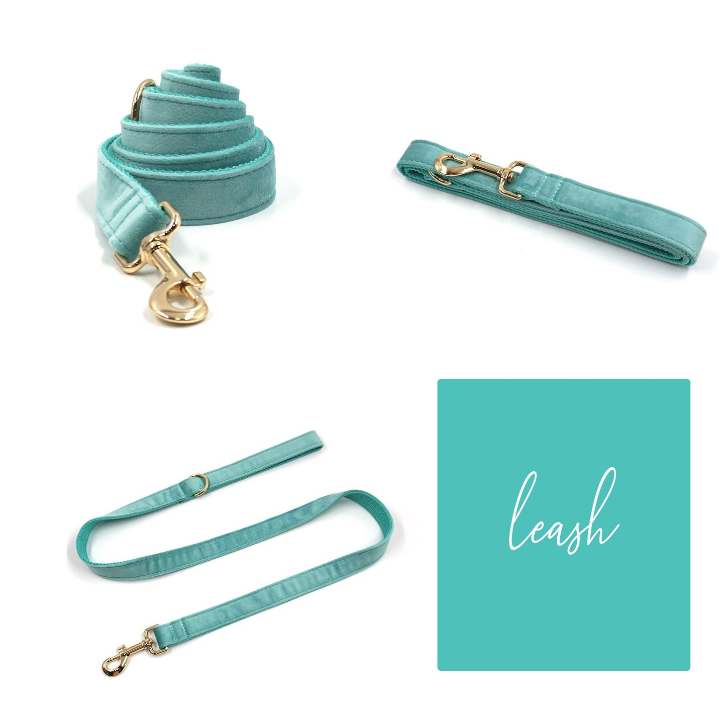 Custom Teal Velvet Personalised Dog Collar, Matching Dog Bowtie, Dog Leash, Dog Harness and Dog Poop Bag
