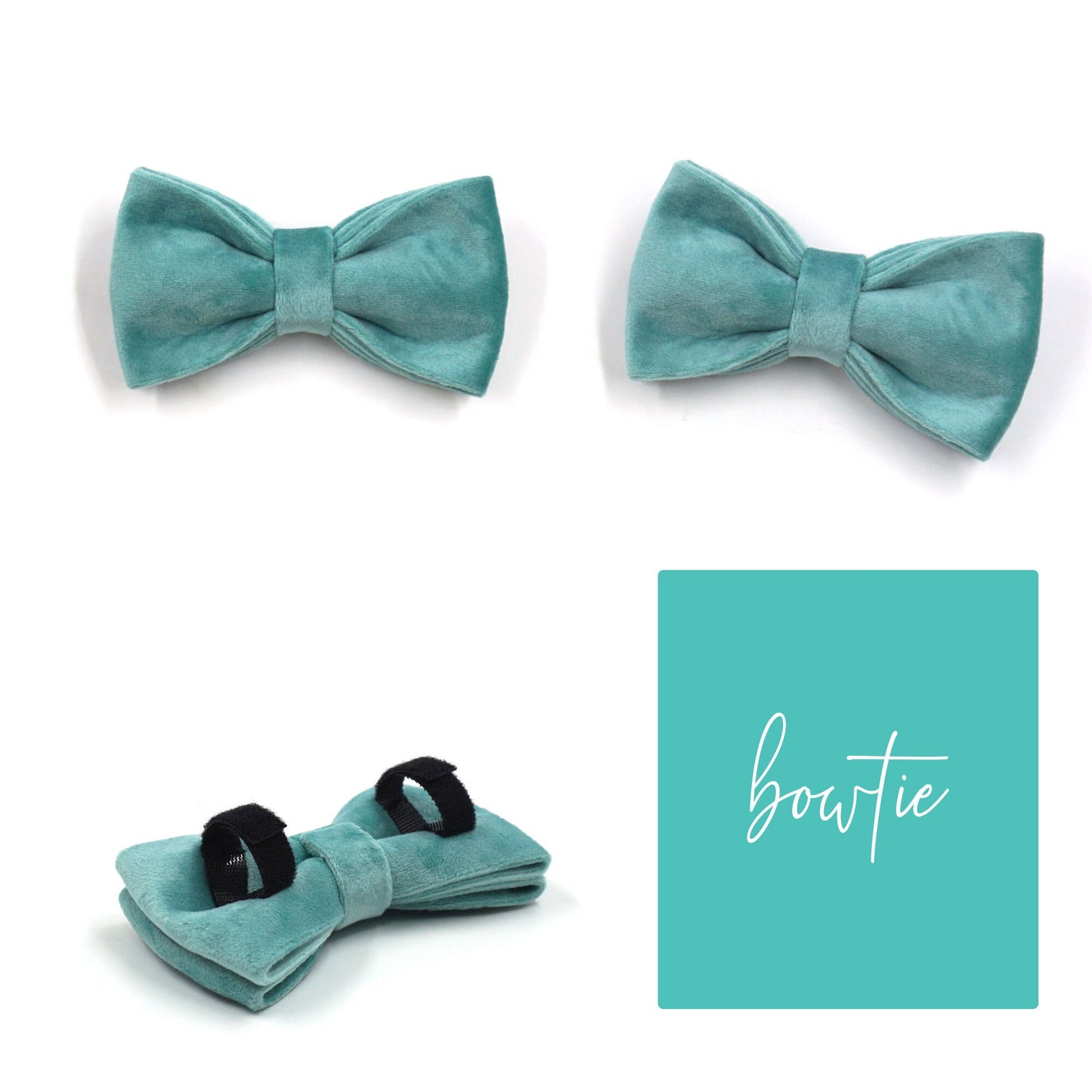 Custom Teal Velvet Personalised Dog Collar, Matching Dog Bowtie, Dog Leash, Dog Harness and Dog Poop Bag