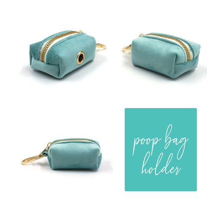 Custom Teal Velvet Personalised Dog Collar, Matching Dog Bowtie, Dog Leash, Dog Harness and Dog Poop Bag