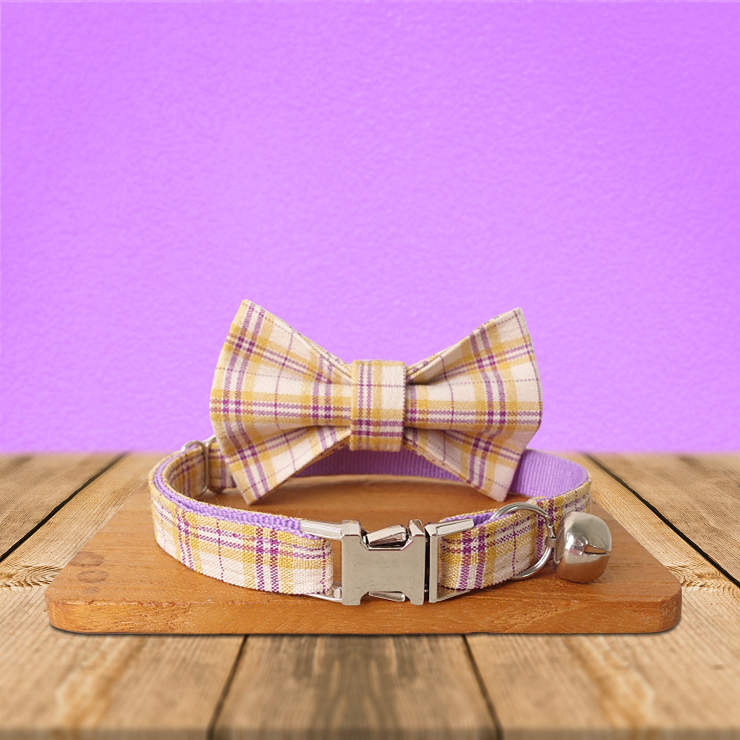Purple Tartan Gingham Plaid Cotton Nylon Mix Fabric Custom Pet Collar for Boy Girl Cat, Puppy and Dog