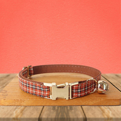 Red Brown Tartan Gingham Plaid Cotton Nylon Mix Fabric Custom Pet Collar for Boy Girl Cat, Puppy and Dog