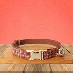 Red Brown Tartan Gingham Plaid Cotton Nylon Mix Fabric Custom Pet Collar for Boy Girl Cat, Puppy and Dog