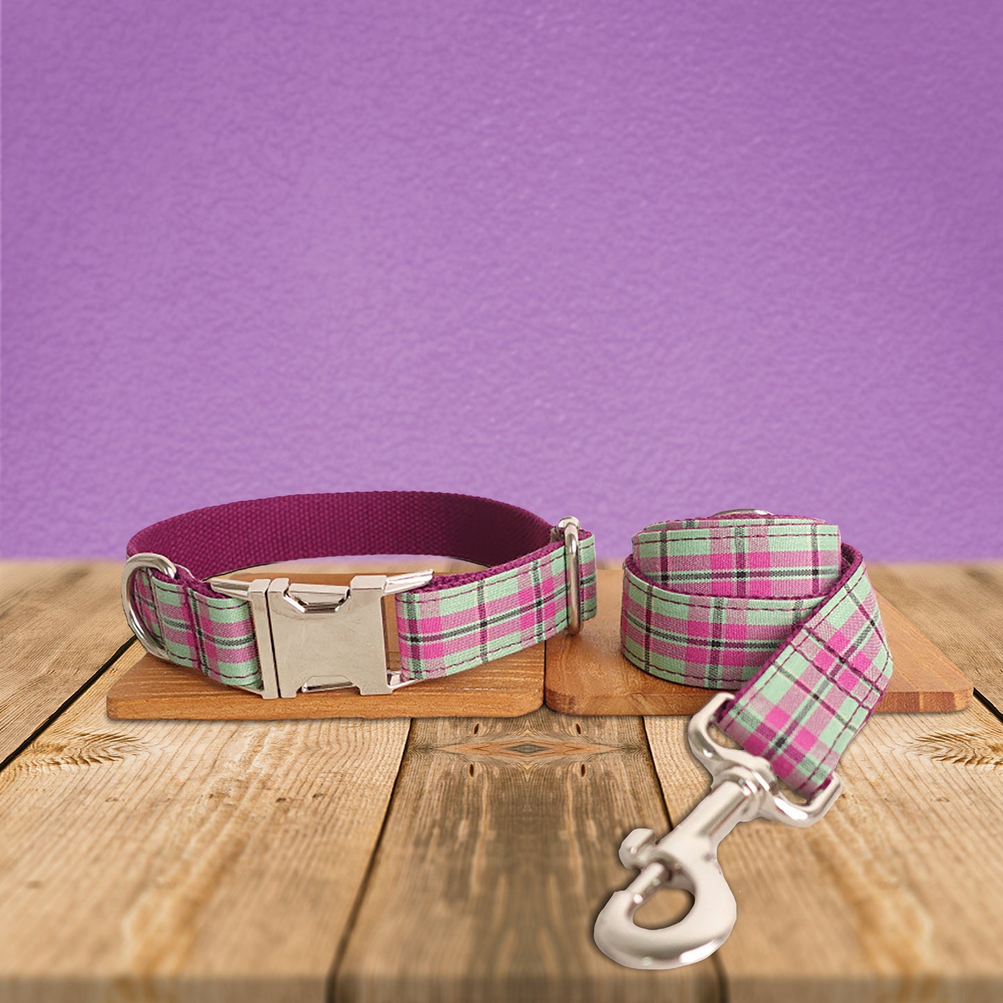 Personalised Dark Purple Tartan Gingham Plaid Cotton Nylon Mix Fabric Custom Pet Collar for Boy Girl Cat, Puppy and Dog