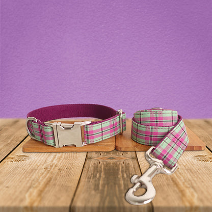 Personalised Dark Purple Tartan Gingham Plaid Cotton Nylon Mix Fabric Custom Pet Collar for Boy Girl Cat, Puppy and Dog