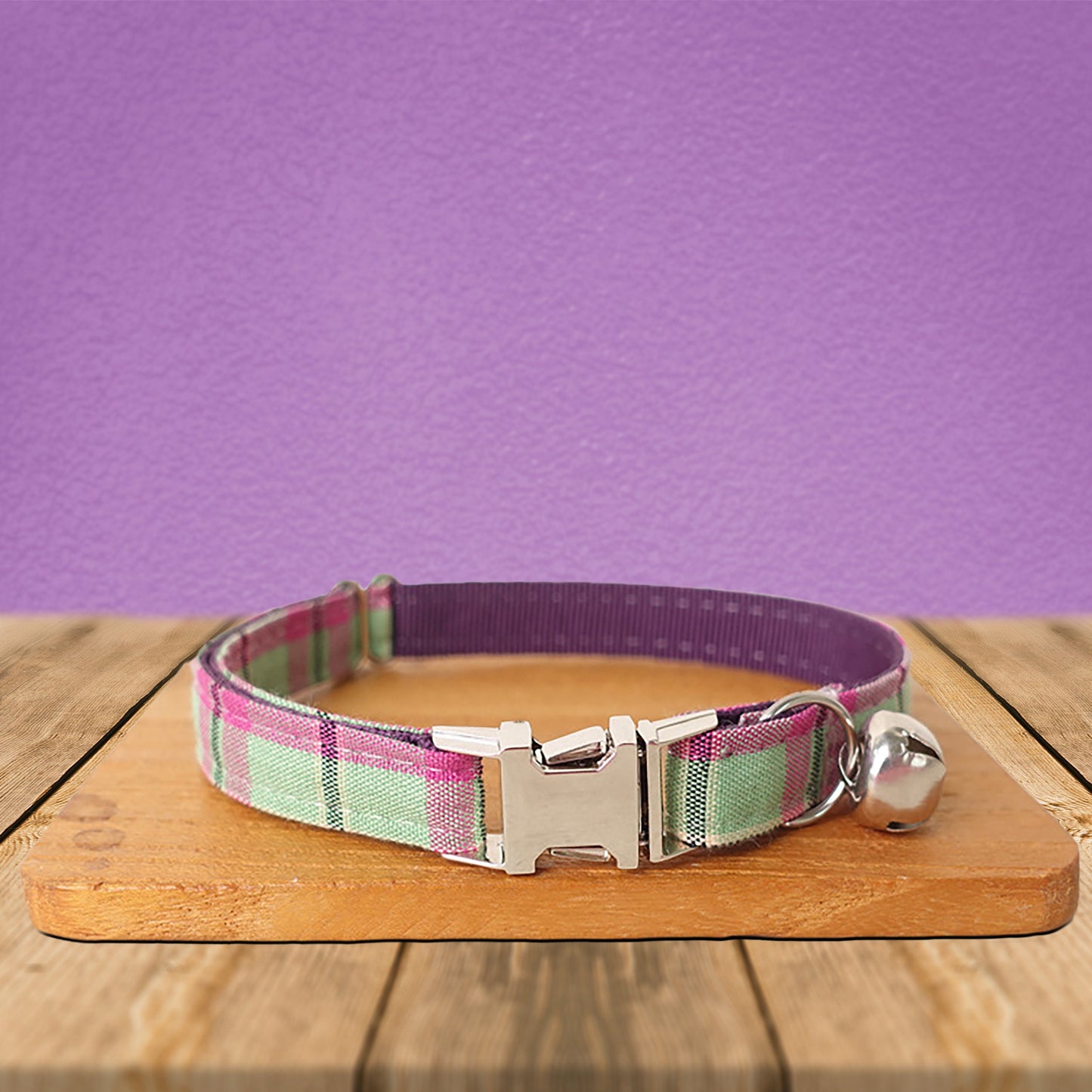 Personalised Dark Purple Tartan Gingham Plaid Cotton Nylon Mix Fabric Custom Pet Collar for Boy Girl Cat, Puppy and Dog