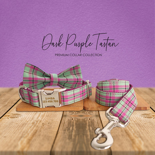 Personalised Dark Purple Tartan Gingham Plaid Cotton Nylon Mix Fabric Custom Pet Collar for Boy Girl Cat, Puppy and Dog