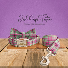 Personalized Dark Purple Tartan Gingham Plaid Cotton Nylon Mix Fabric Custom Pet Collar for Boy Girl Cat, Puppy and Dog