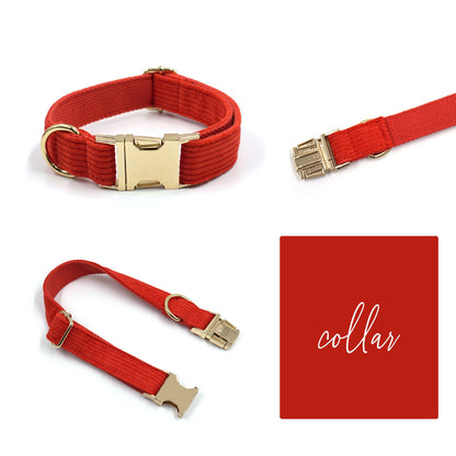 Personalised Dog Harness, Custom Red Corduroy Dog Collar, Dog Bowtie, Dog Leash, Dog Harness and Dog Poop Bag Holder